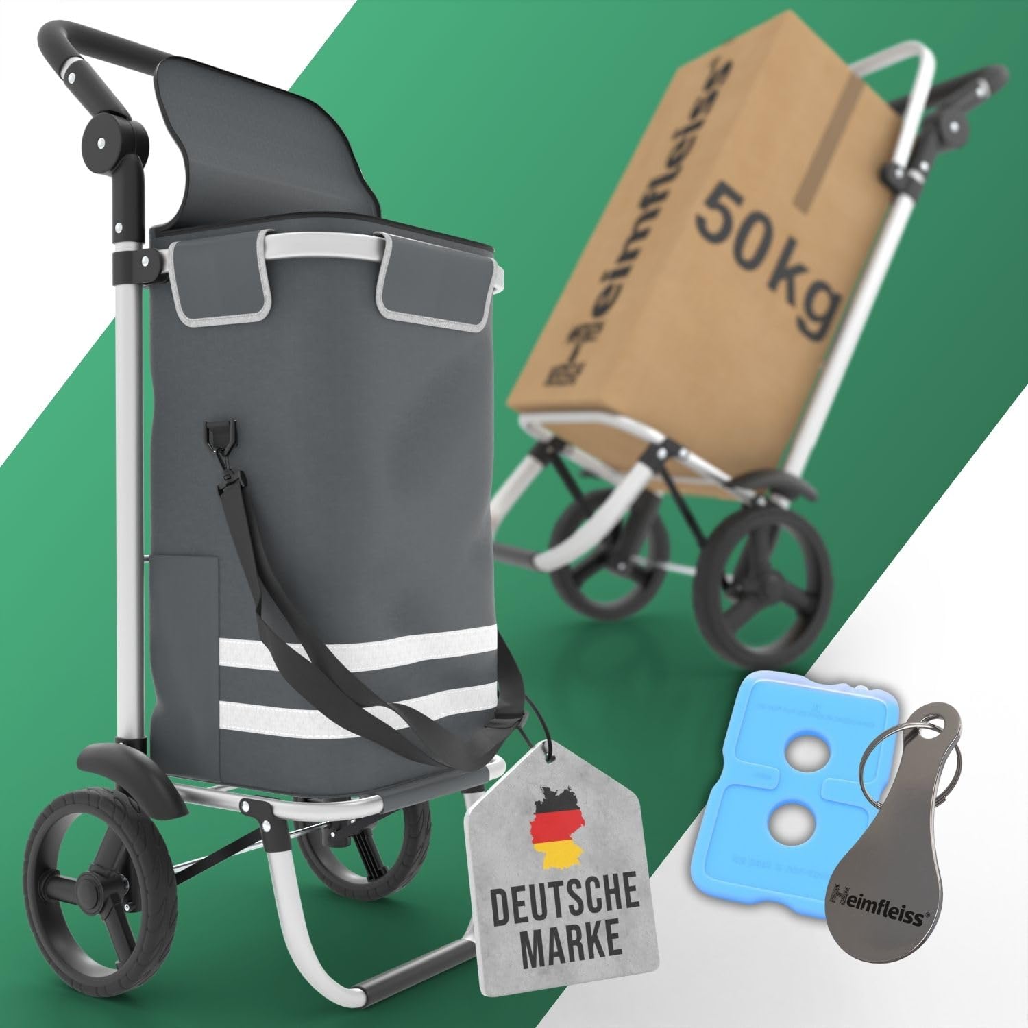 Heimfleiss® Groß Einkaufstrolley mit Kühlfach | tragfähig für 50kg | ideal für große Einkäufe | 56L Kapazität und Rollen